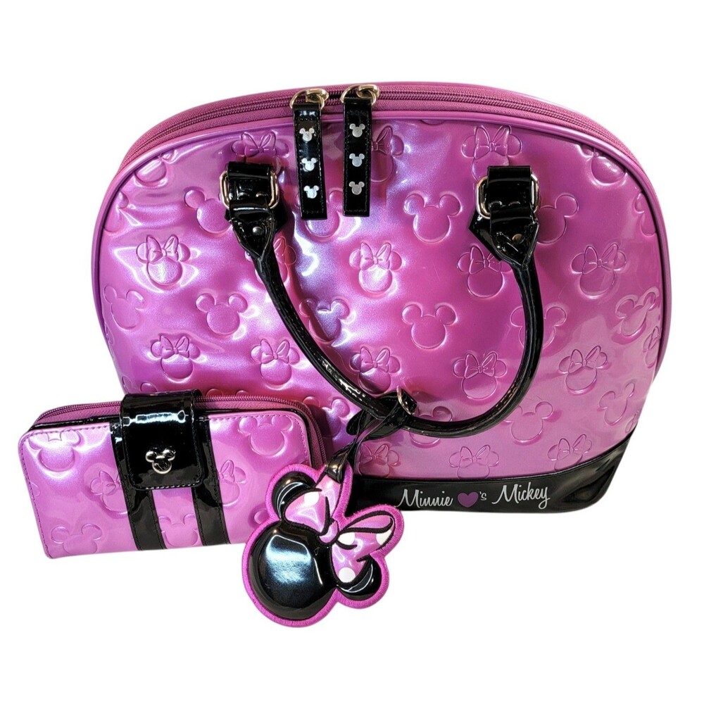 Loungefly Minnie Loves Mickey Disney Large Pink Embossed Handbag Wallet Set